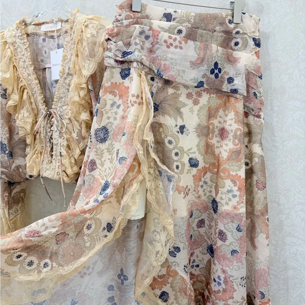 Zimmermann Floral Lace Tiered High-Low Midi Skirt in Cream with Pastel Accents
